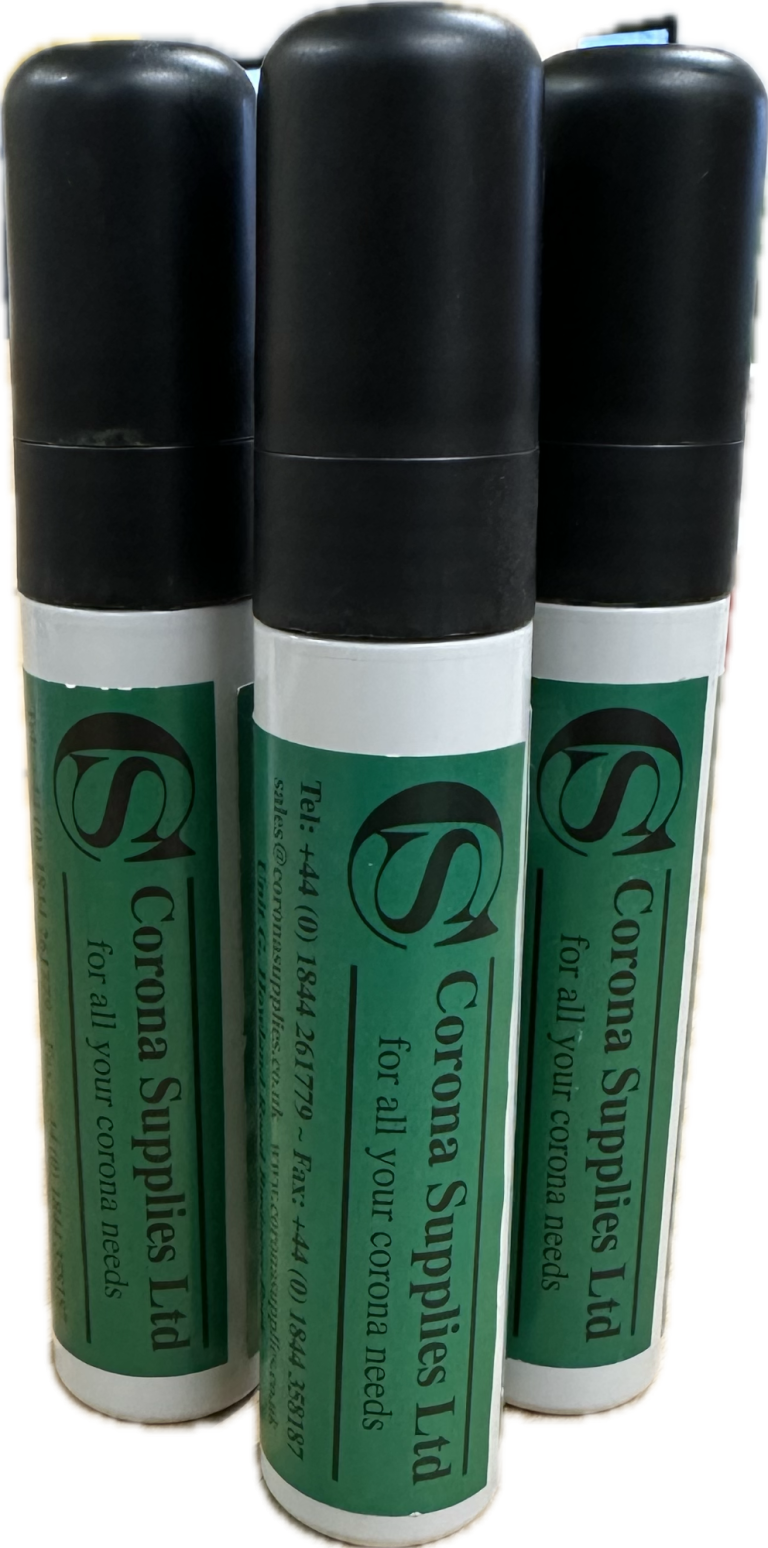 Three Eco test pens with a black cap and orange label, branded as "Corona Supplies Ltd."