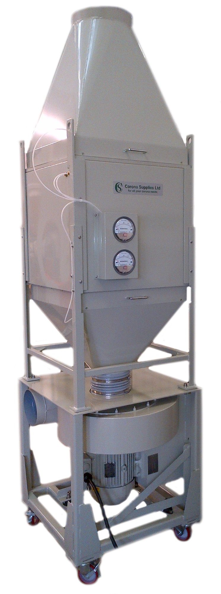 Large ozone destruct unit with pressure gauges and fan.
